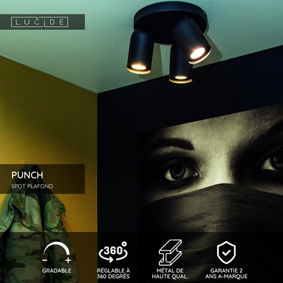 Lucide PUNCH - Spot plafond - Ø 21 cm - 3xGU10 - Noir